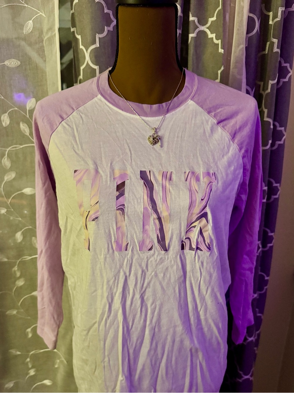 PINK Victoria's Secret Pink and White Raglan quarter sleeve with Marbled Logo